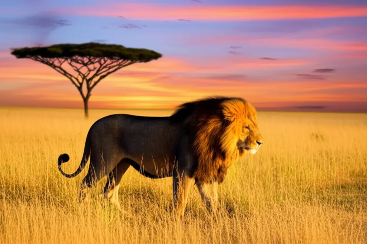 Leão majestoso caminhando pela savana do Maasai Mara sob a luz dourada do pôr do sol.
