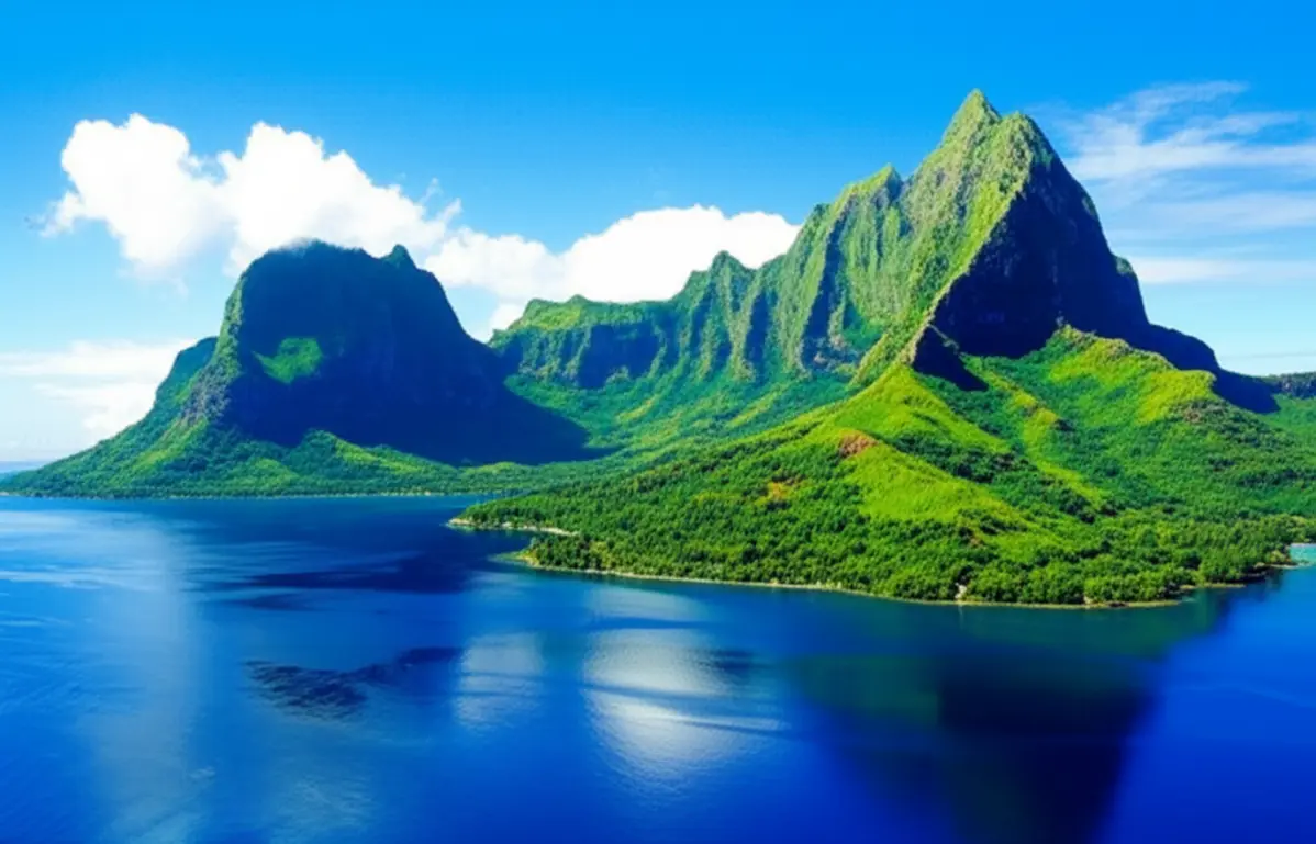 Vista panorâmica das baías de Moorea com montanhas verdes e mar azul.
