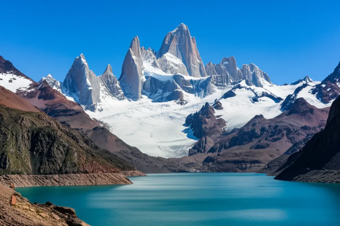 Pico nevado do Aconcágua com o lago azul turquesa de Potrerillos em destaque em Mendoza.