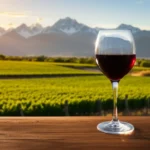Uma taça de vinho tinto em primeiro plano com vinhedos e a Cordilheira dos Andes ao pôr do sol.