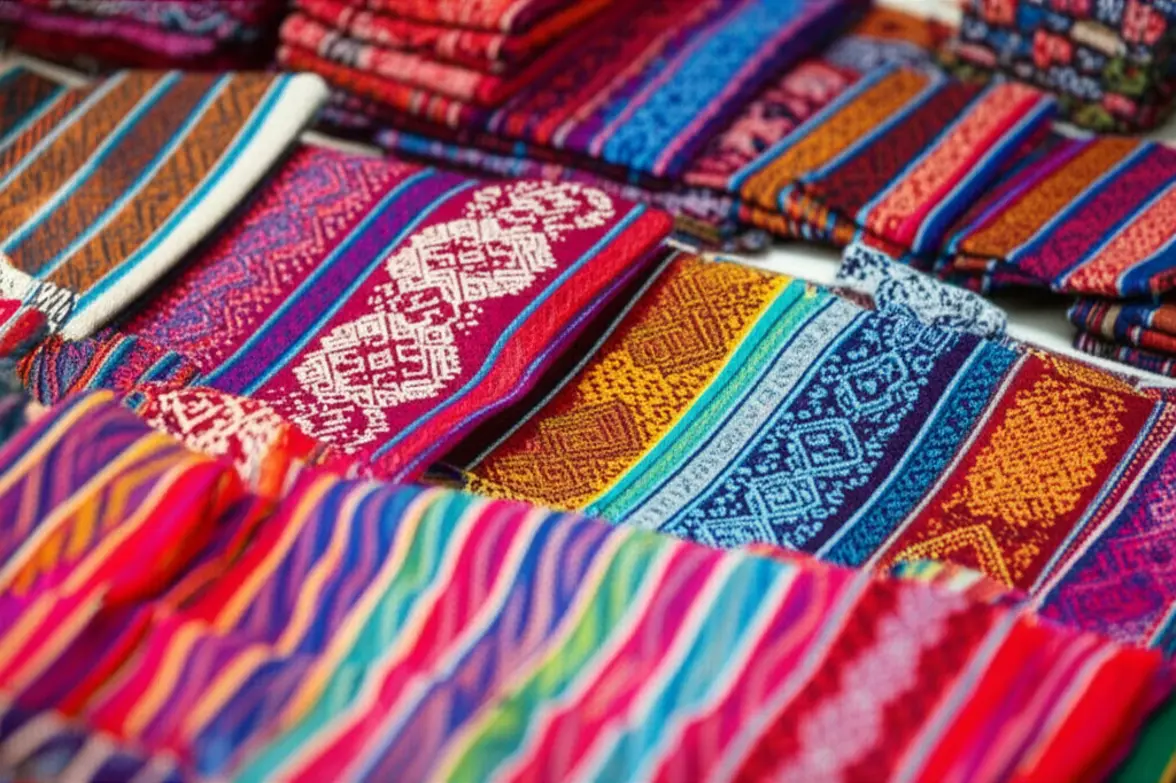 Close-up de tecidos maias coloridos e artesanatos em um mercado de Antigua.