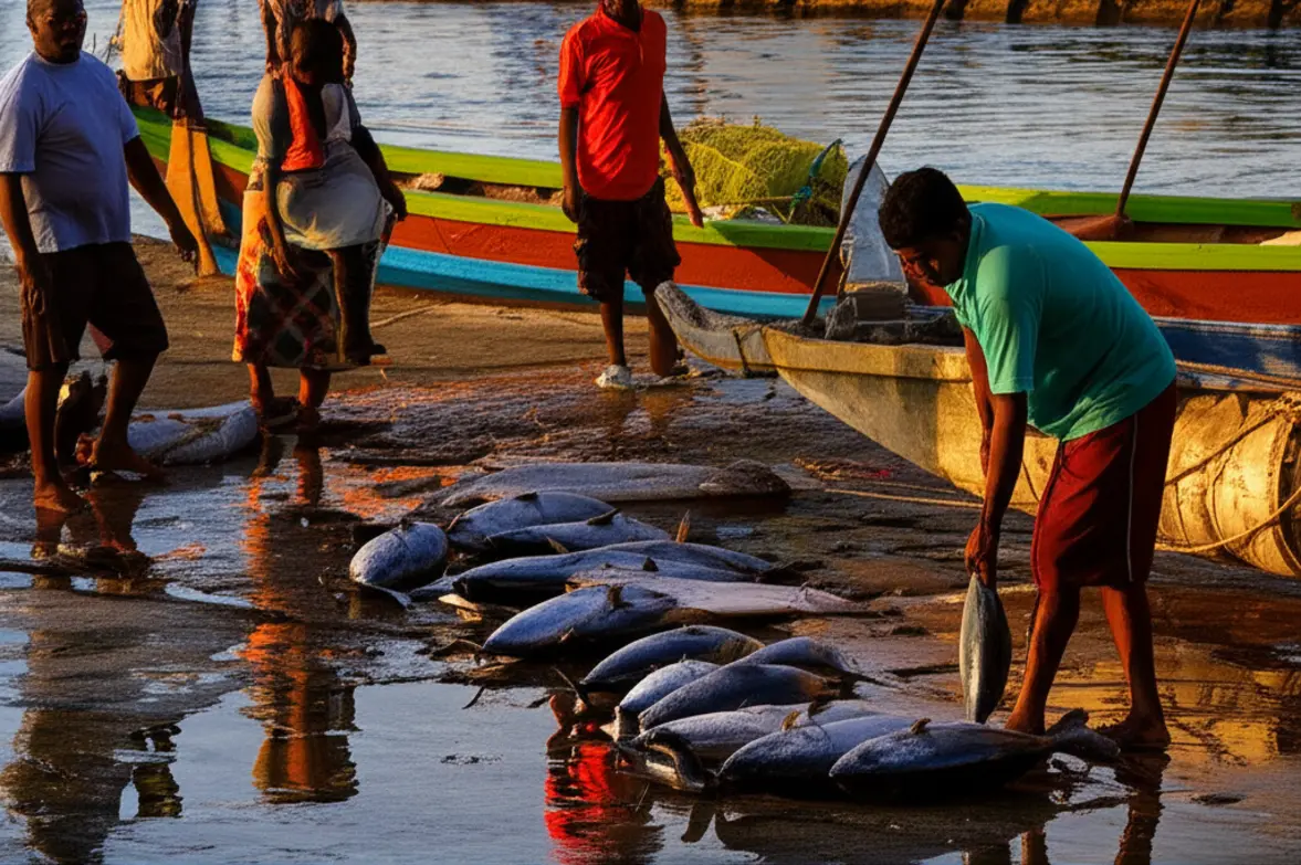 Pescadores locais no mercado de peixe de Malé com barcos tradicionais.