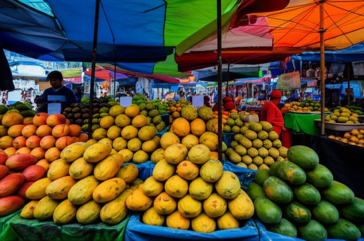 Cena de um mercado local em Santa Cruz de la Sierra com frutas tropicais coloridas.