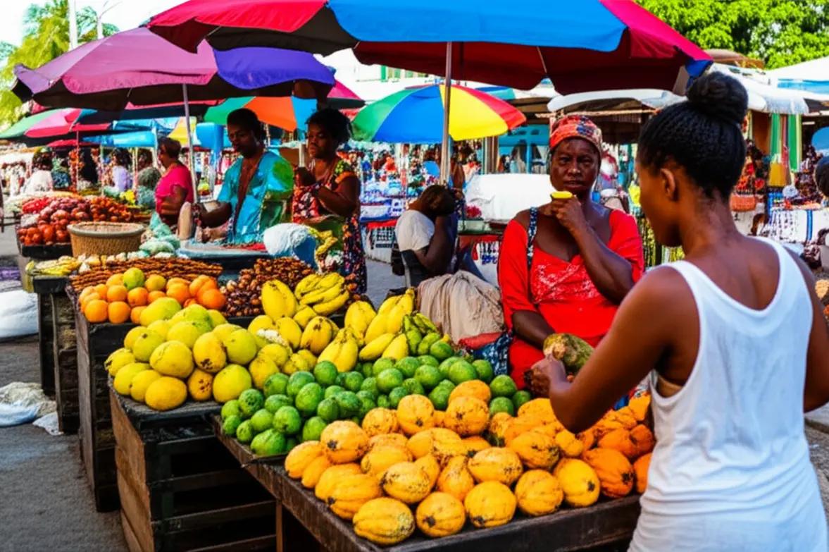 Mercado local colorido em Castries com frutas tropicais e especiarias.