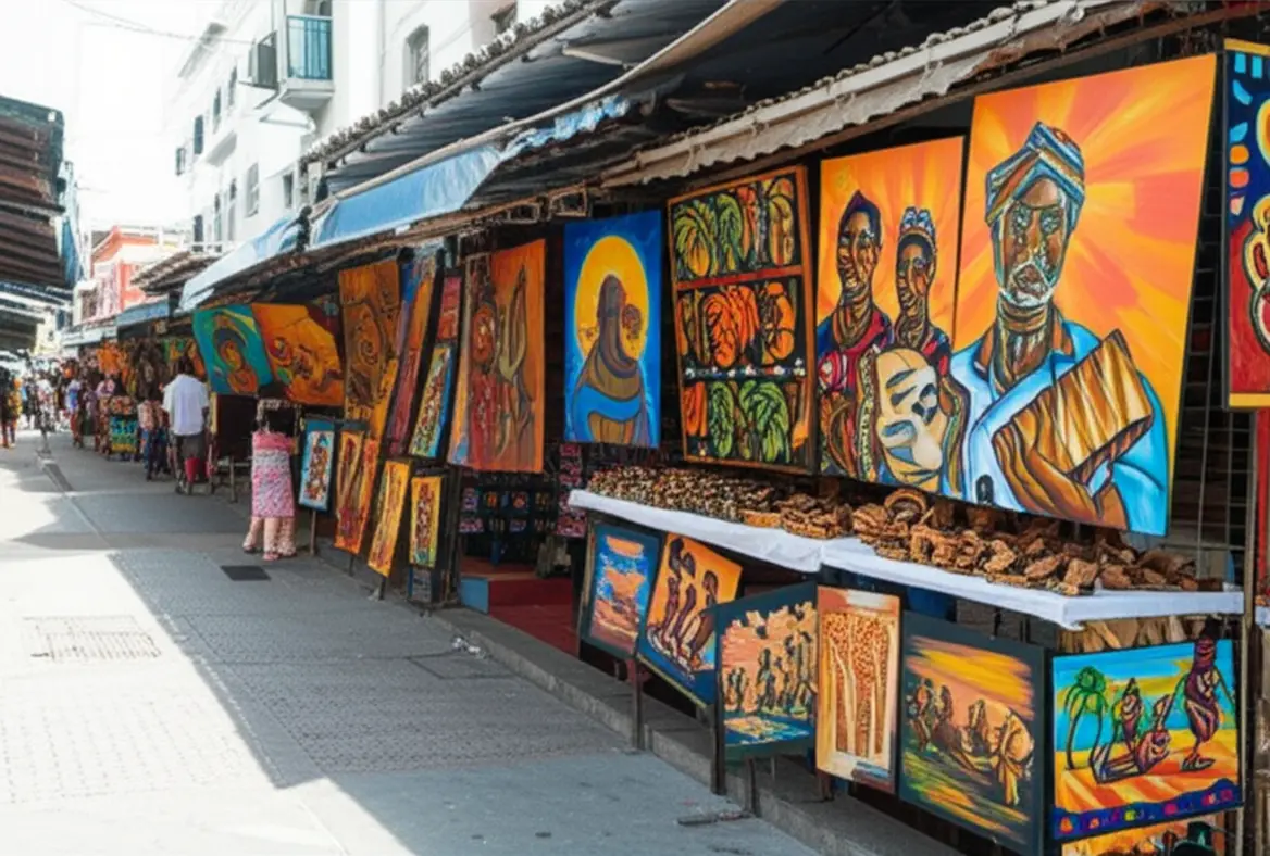 Barracas coloridas de artesanato local no Mercado Modelo de Santo Domingo.