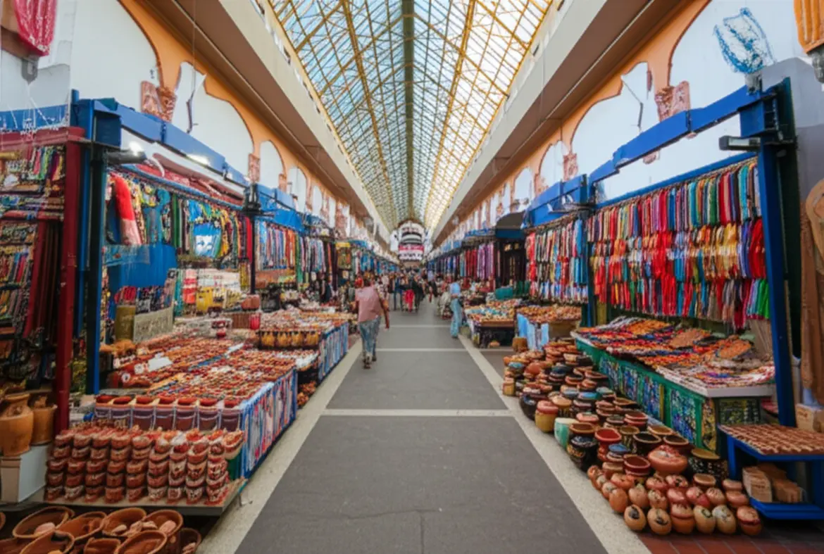 Interior do Mercado San Juan de Dios com artesanatos coloridos.