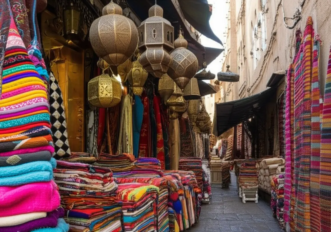 Mercado de artesanato tradicional com tapetes e lanternas no bairro Habous.