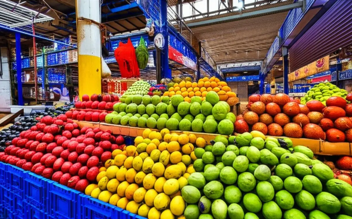 Banca de frutas exóticas e coloridas em um mercado tradicional de Lima.