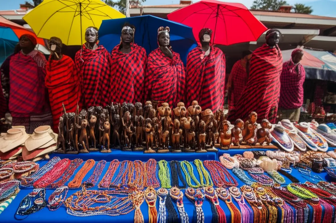Joias de miçangas e tecidos coloridos em um mercado Masai em Nairóbi.