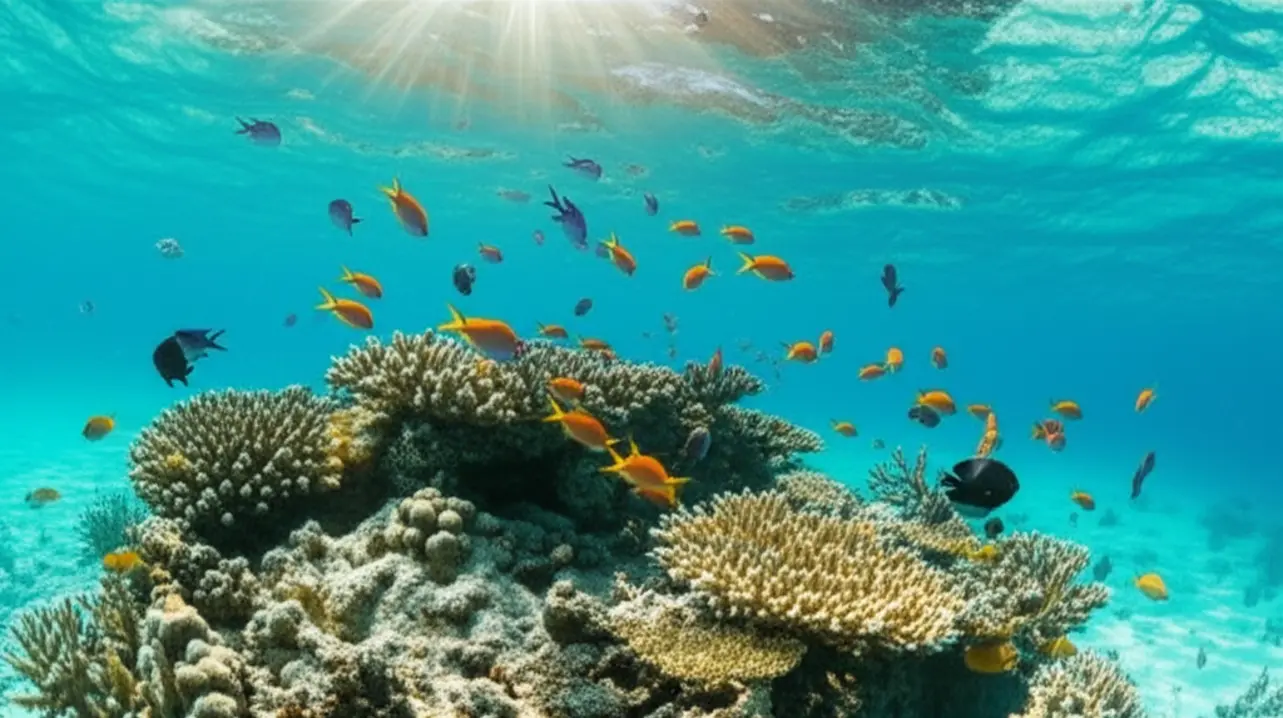Mergulhador explorando os recifes de corais coloridos em Playa Coral, Varadero.