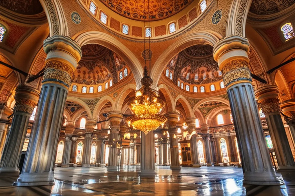 Interior da Mesquita de Muhammad Ali com seus grandes lustres.