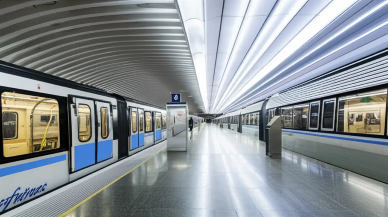 Estação de metrô moderna em Quito com design contemporâneo e iluminação clean.