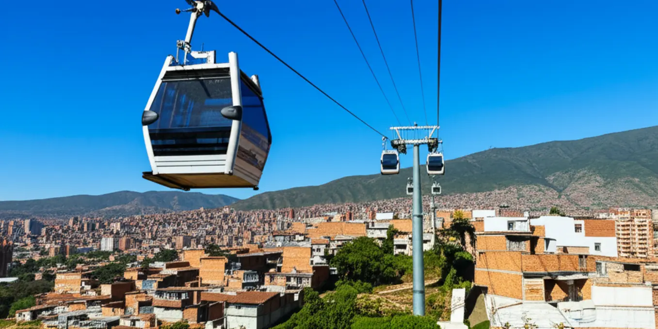 Cabine do Metrocable de Medellín sobrevoando a cidade com montanhas ao fundo.