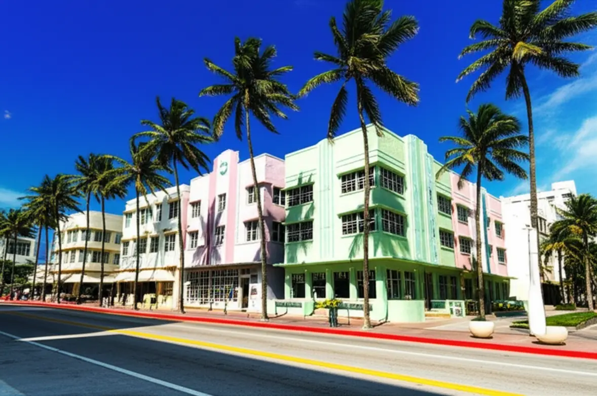 Fachadas coloridas de hotéis em estilo Art Déco na Ocean Drive em Miami Beach.