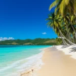 Vista panorâmica da praia paradisíaca em Miches, República Dominicana, com palmeiras e mar turquesa.