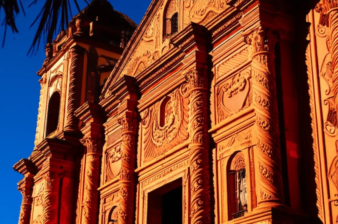 Fachada detalhada de uma igreja das Missões Jesuíticas de Chiquitos, próxima a Santa Cruz de la Sierra.