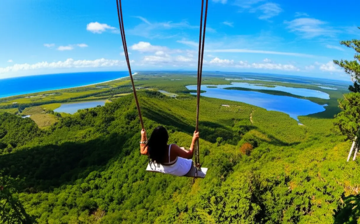 Pessoa no balanço da Montaña Redonda em Miches com vista para o mar e montanhas.