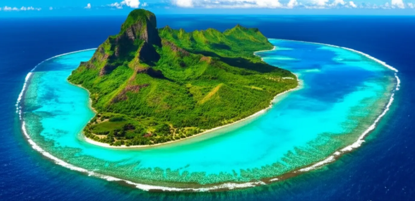 Vista aérea da ilha de Moorea mostrando seu formato de coração e recifes.