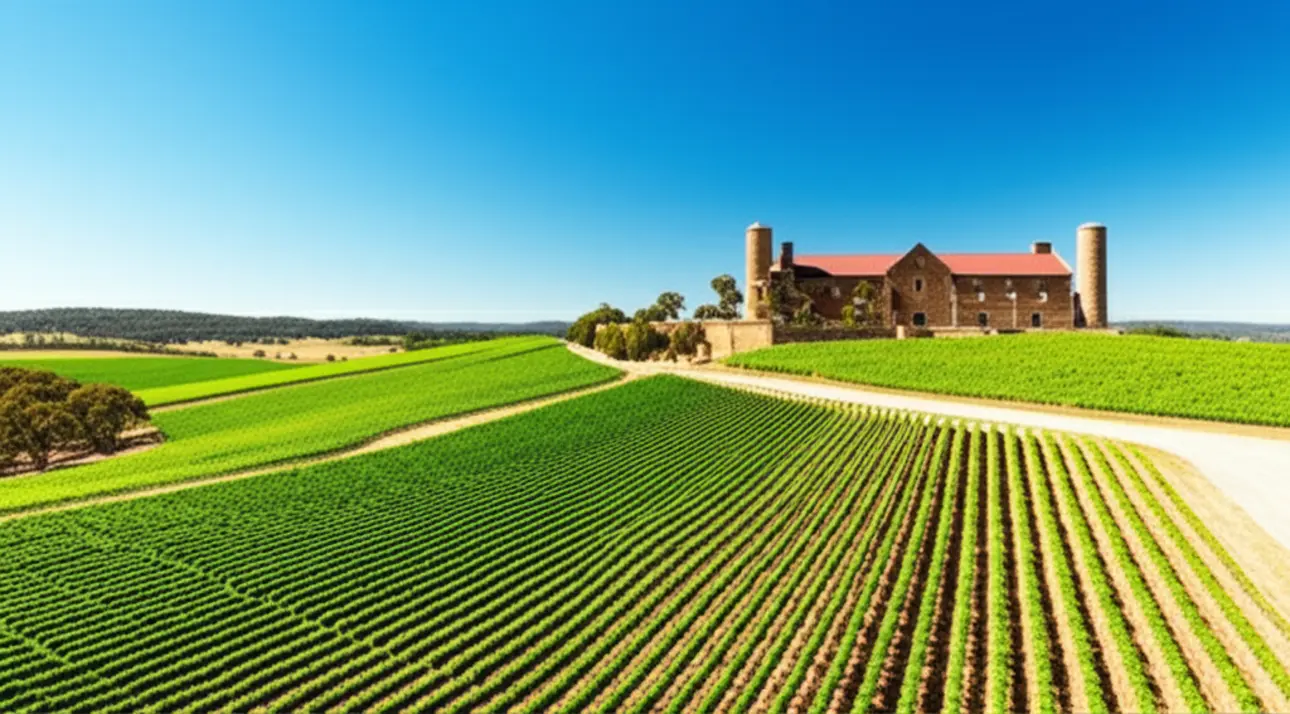 Vinhedos ondulados do Barossa Valley sob um céu azul na Austrália do Sul.