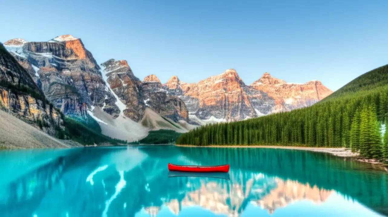 Canoa vermelha solitária nas águas cristalinas do Lake Louise em Banff.