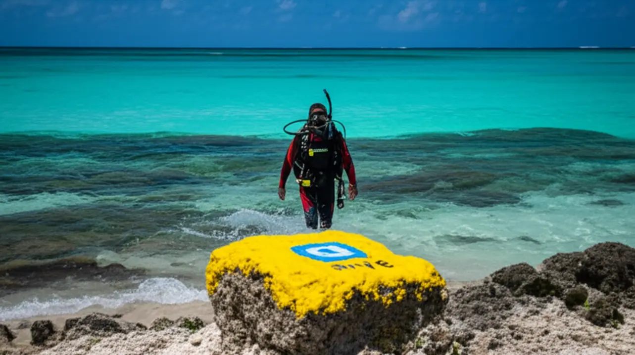 Mergulhador entrando no mar cristalino de Bonaire a partir da costa.