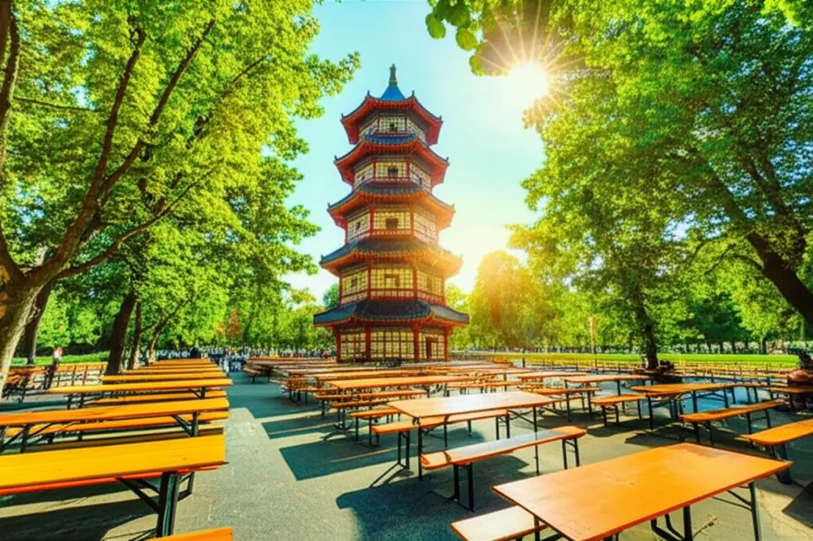 Vista aérea do Jardim Inglês com a Torre Chinesa em Munique.