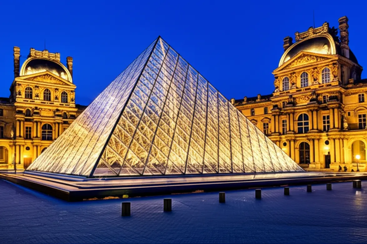 Pirâmide de vidro do Museu do Louvre iluminada ao anoitecer em Paris.