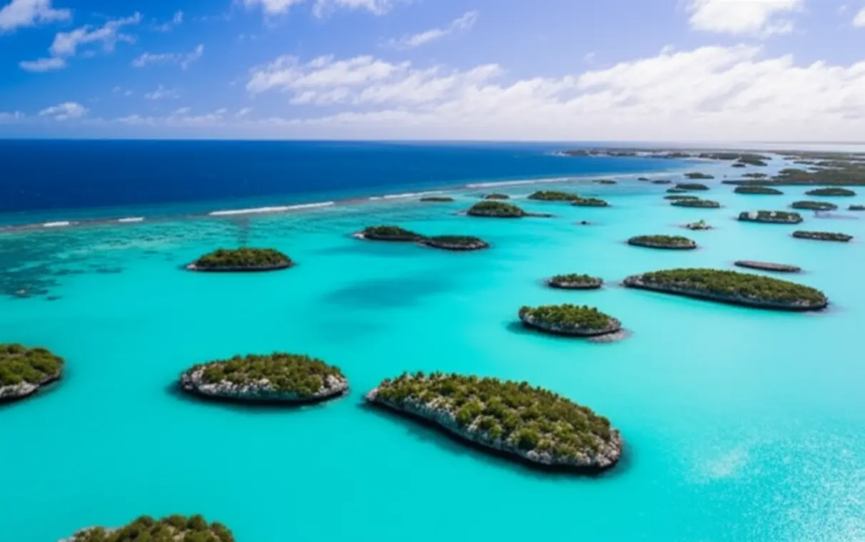 Vista panorâmica das águas azul-turquesa de Chalk Sound National Park em Providenciales.