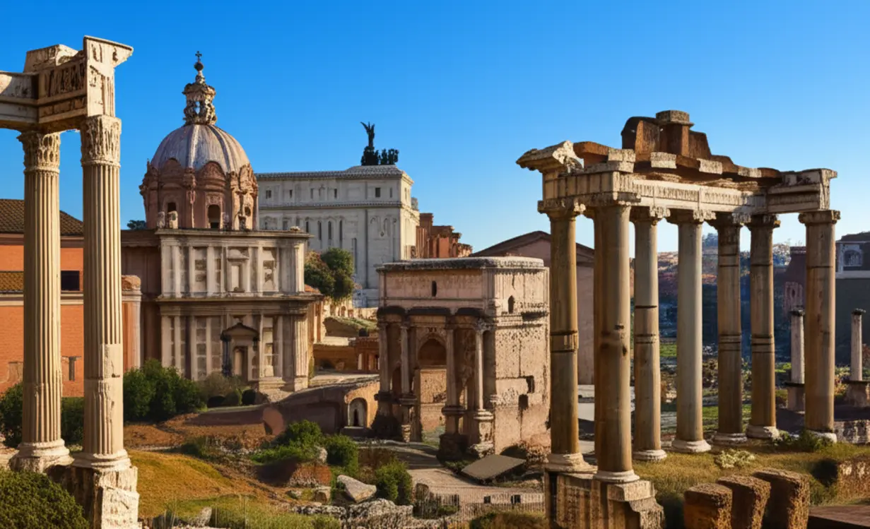 Vista detalhada das ruínas do Fórum Romano sob o sol da manhã.