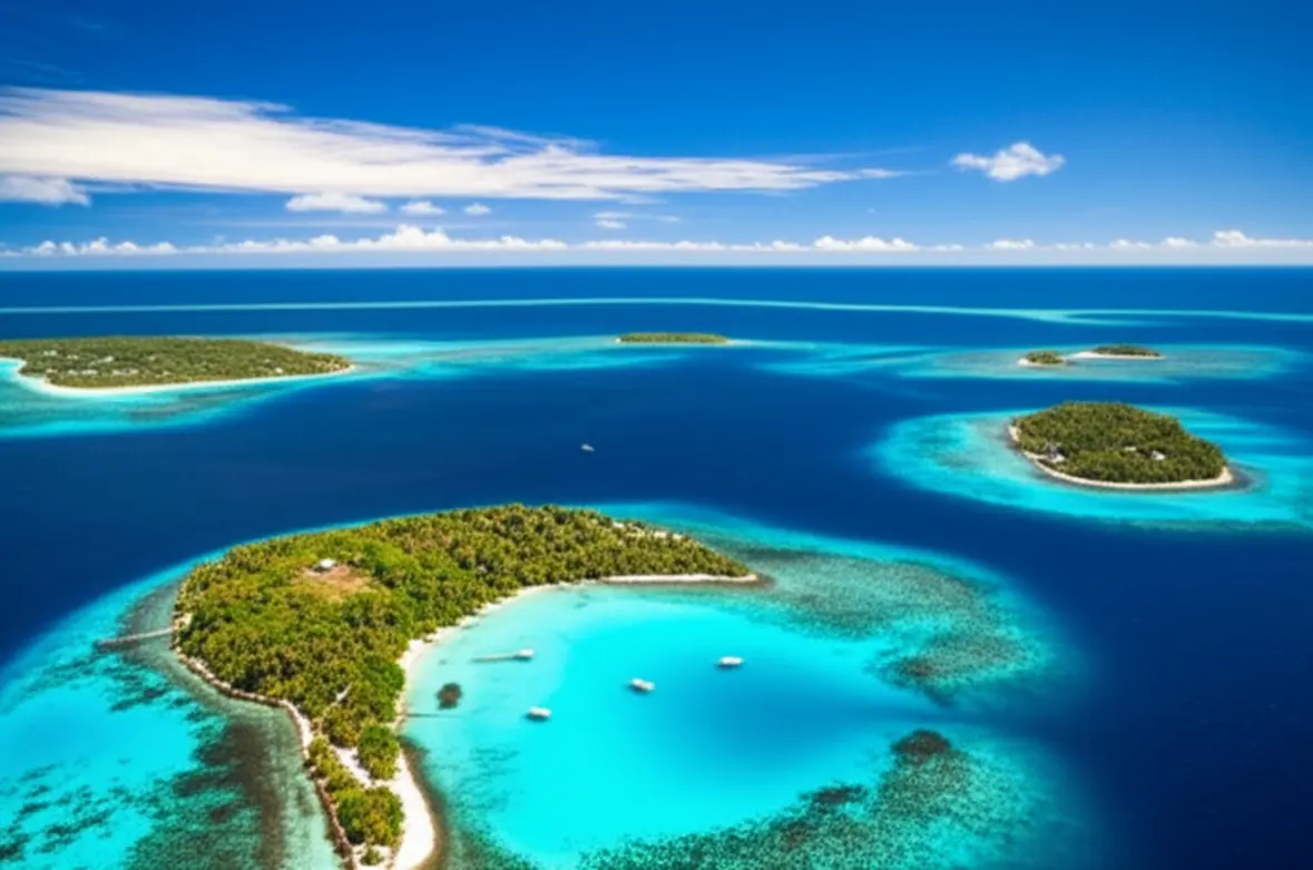 Vista panorâmica de pequenas ilhas cercadas por águas cristalinas em Guna Yala.