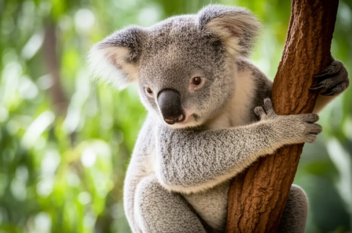 Um coala cinza e fofo descansando em um galho de eucalipto no Lone Pine Koala Sanctuary.