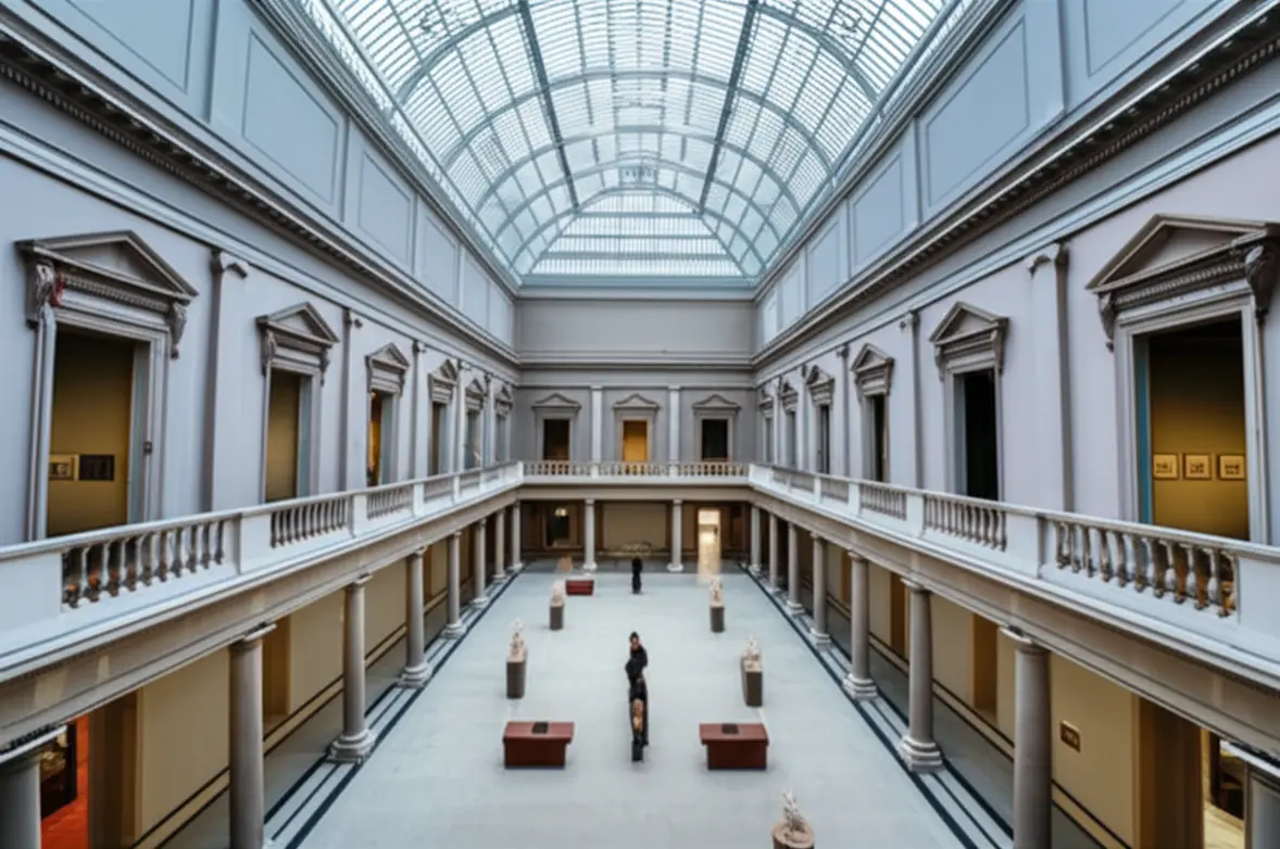 Interior iluminado e clássico da Galeria Nacional da Irlanda em Dublin.