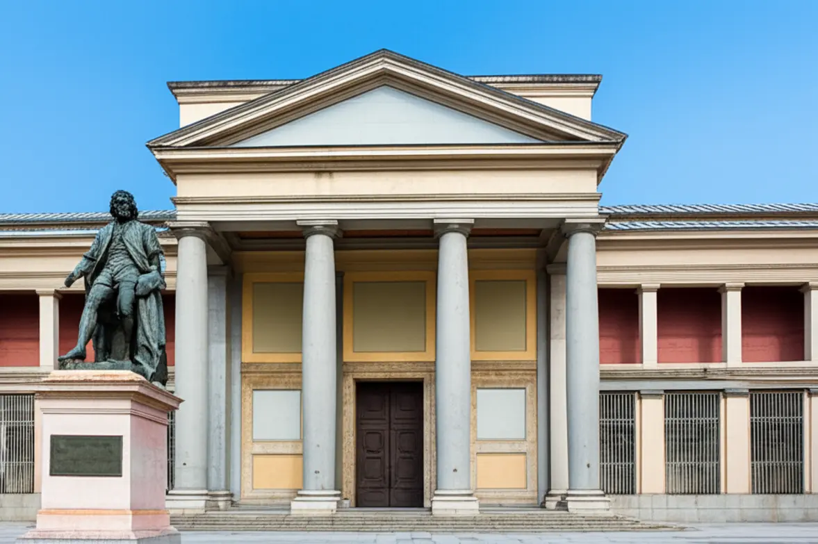 Entrada principal do Museu do Prado com a estátua de Velázquez à frente.