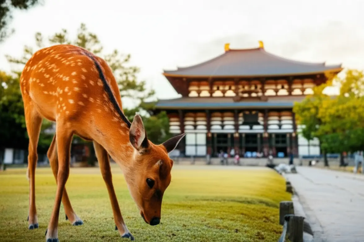Cervo sika curvando a cabeça em frente ao Templo Todaiji em Nara, Japão.