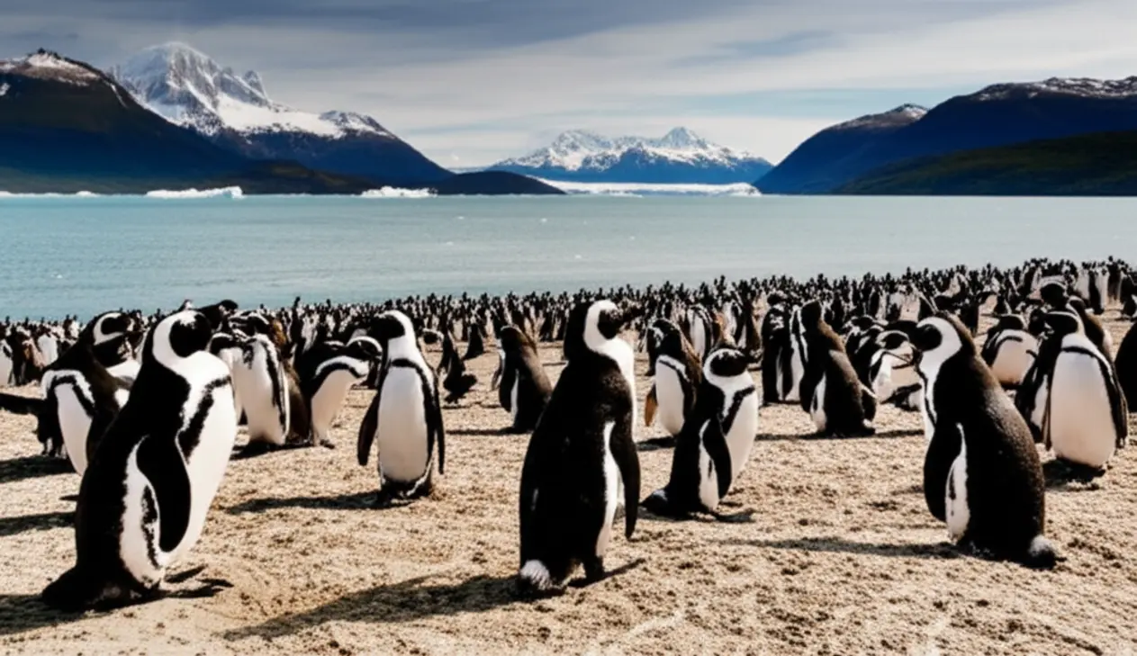 Grupo de pinguins na Ilha Martillo com as montanhas dos Andes ao fundo.