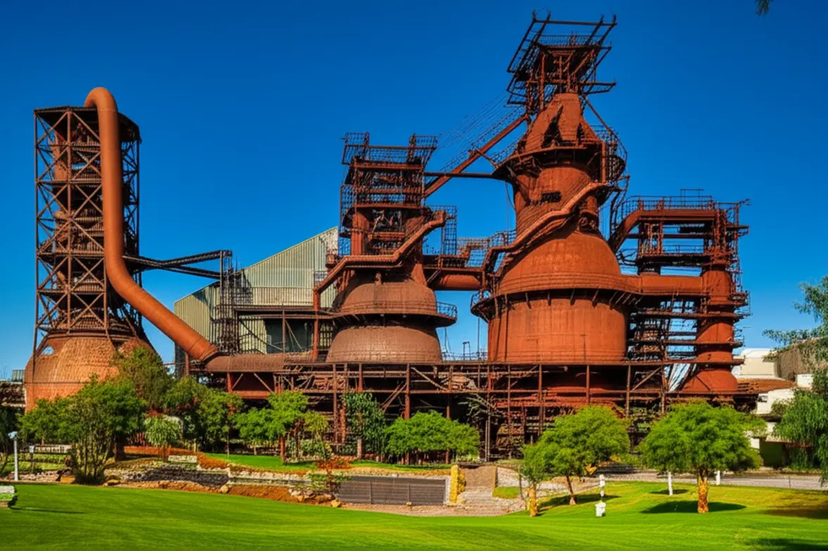 Estruturas industriais históricas preservadas no Parque Fundidora em Monterrey.