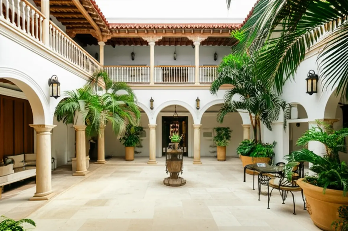 Pátio interno de um hotel boutique colonial em Cartagena com plantas tropicais e arquitetura clássica.