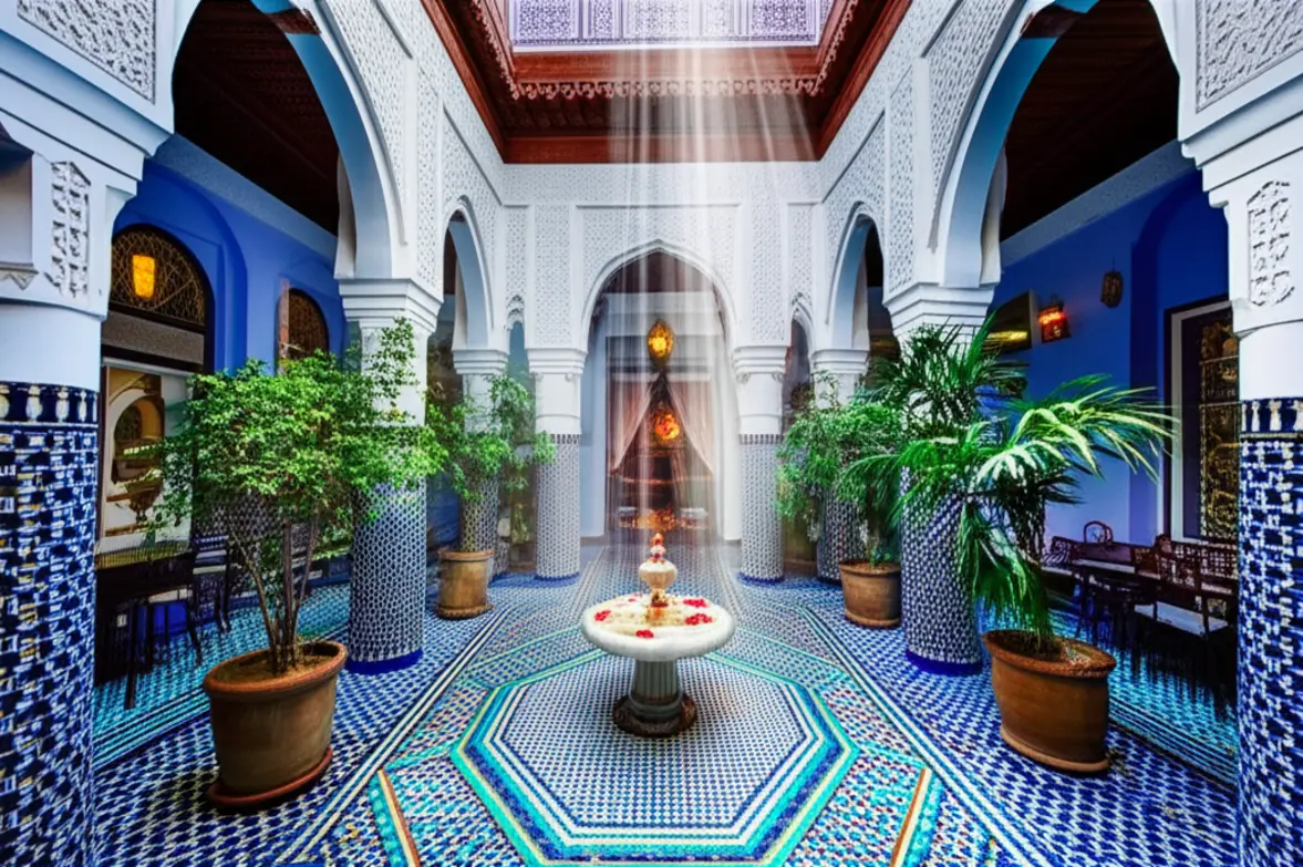 Pátio interno de um Riad tradicional marroquino com decoração em tons de azul e plantas.