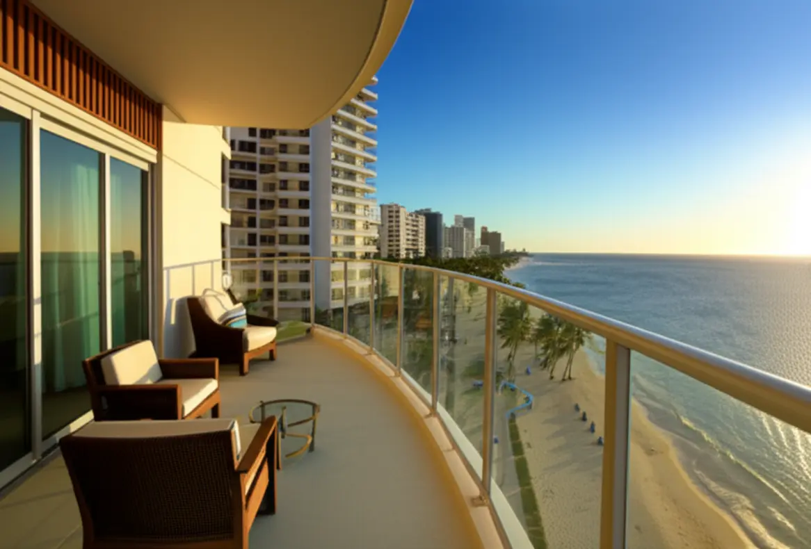 Varanda de hotel moderno com vista para a praia e coqueiros em Condado.