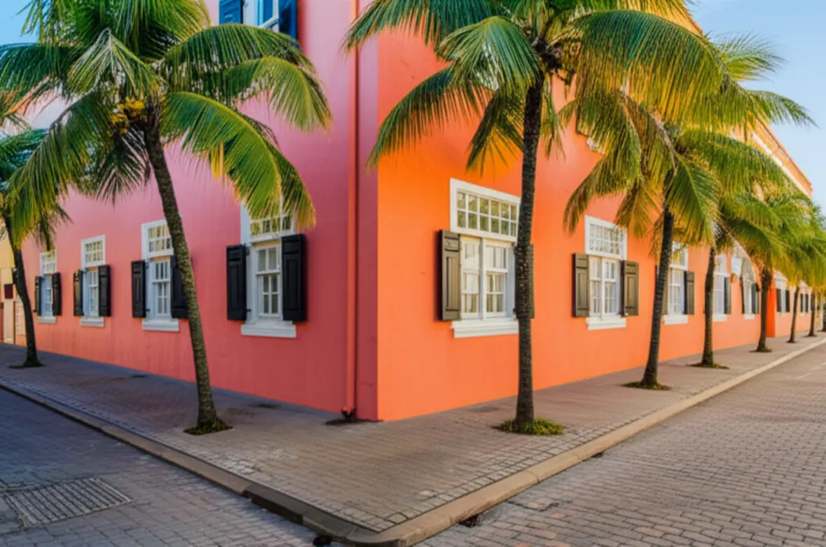 Fachada colorida de um hotel boutique histórico no bairro de Pietermaai em Curaçao.