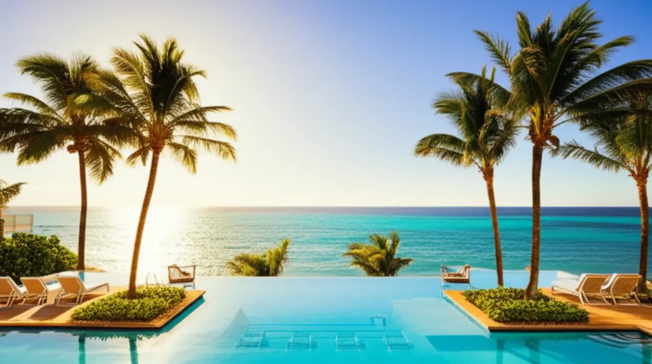 Resort de luxo em frente à praia de Grace Bay com palmeiras e espreguiçadeiras.