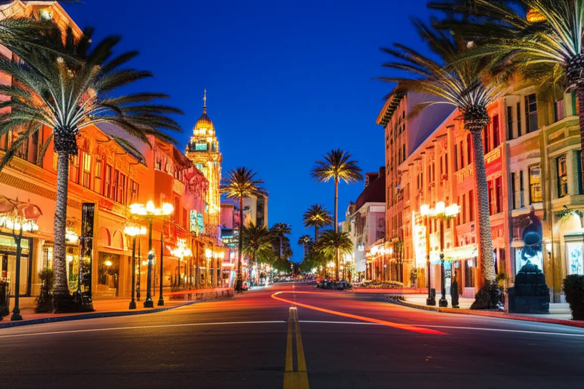 Rua histórica do bairro Gaslamp Quarter em San Diego durante o crepúsculo.