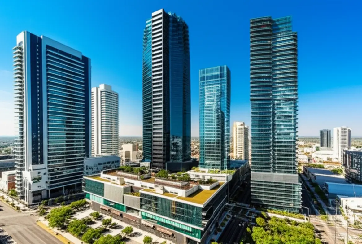 Arranha-céus modernos e luxuosos no distrito de San Pedro Garza García em Monterrey.