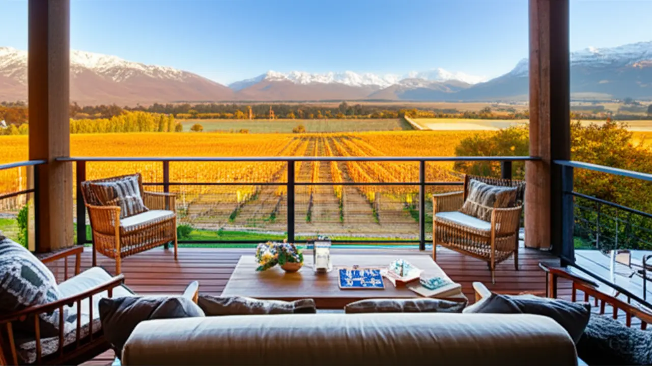 Varanda de um hotel boutique com vista para vinhedos amarelados no outono.