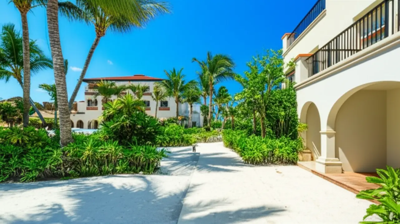 Entrada de um resort de luxo em Playacar com palmeiras e céu azul.