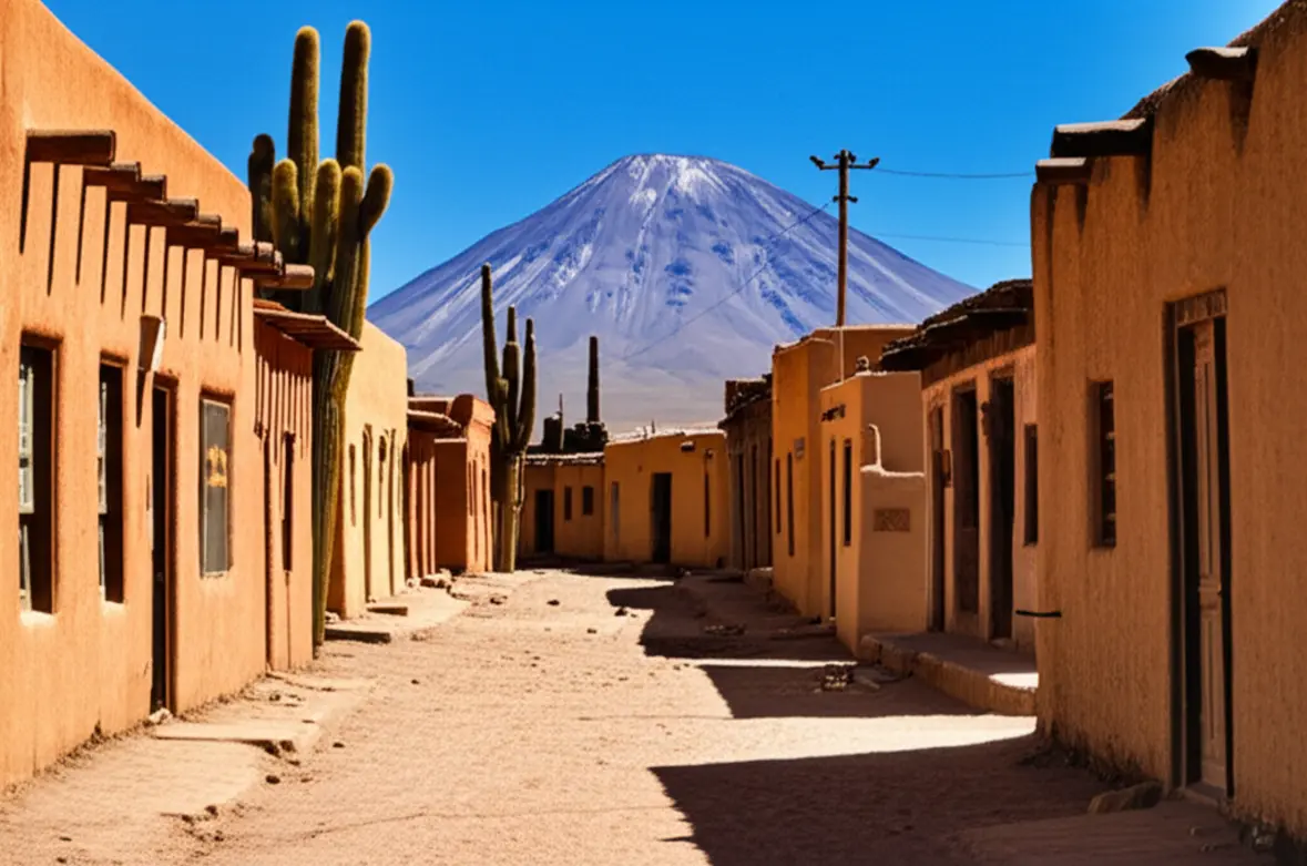 Rua charmosa de terra com construções de adobe no vilarejo de San Pedro de Atacama.