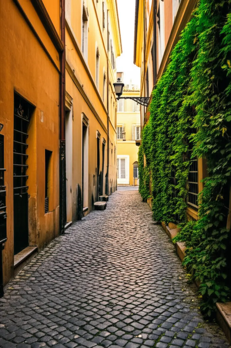 Uma rua estreita e charmosa no bairro de Trastevere em Roma com paredes cobertas de hera.