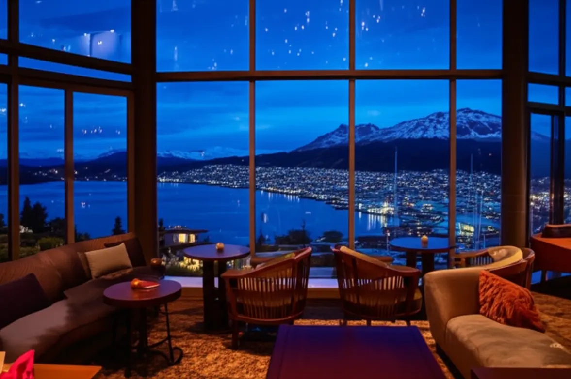 Vista panorâmica do Canal de Beagle através de uma janela de hotel.