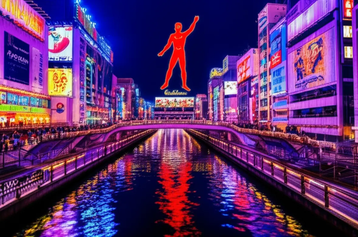 Vista noturna do canal de Dotonbori em Osaka com luzes de neon vibrantes.