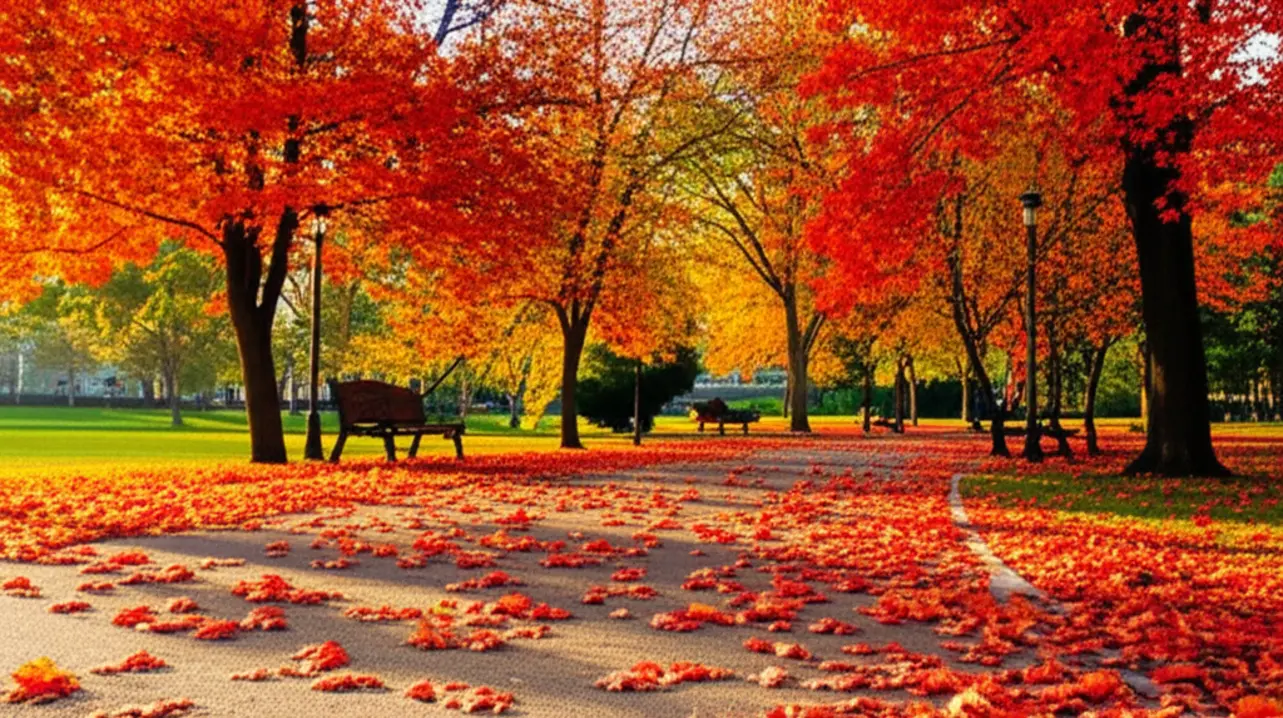 Caminho em um parque de Montreal com árvores cobertas por folhas laranjas e vermelhas no outono.